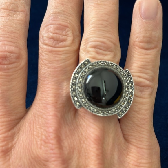 Art Deco Vintage Marcasite Onyx Sterling Silver Ring Flapper Twenties Style - Picture 4 of 5